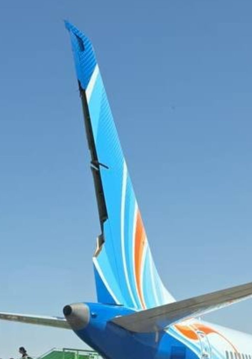 Osint613's tweet photo. Images of the Flydubai aircraft show damage to its vertical stabilizers, with portions of the tails torn away. The crews managed to land it safely. https://t.co/5DcxaHlvHD