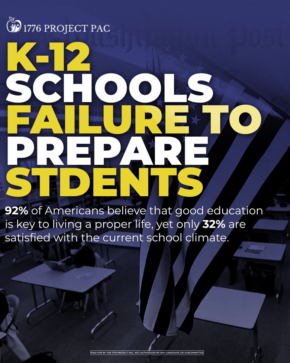 1776ProjectPac's tweet photo. 🚨 Americans overwhelmingly agree that a good education is essential.

Yet only 32% say they’re satisfied with the current state of K–12 education.

That gap should be a wake-up call.

Our schools have one job: prepare students for life.

Parents are right to demand better! https://t.co/i3QQR2z6oE