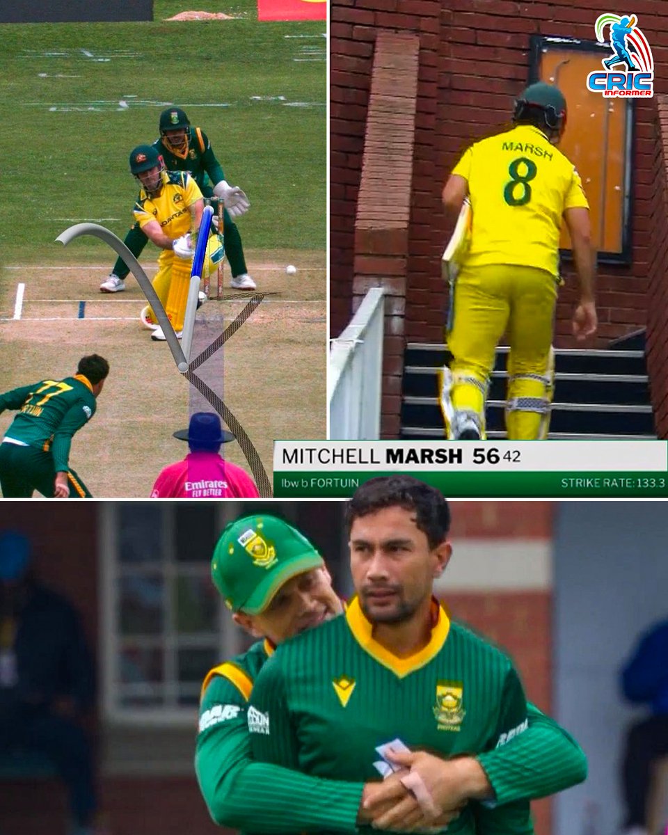 CricInformer's tweet photo. 🚨 BJORN FORTUIN GETS THE BIG WICKET OF MITCHELL MARSH! 🇿🇦🔥
Fortuin traps the well-set Mitchell Marsh LBW for 56 off 42 balls. 🎯
🔥 Marsh — 56 (42)
8 fours | 2 sixes
A HUGE BREAKTHROUGH FOR SOUTH AFRICA! 💥
#SAvAUS #MitchellMarsh #BjornFortuin
Image Credit: Fancode https://t.co/yTlCfXBUQW