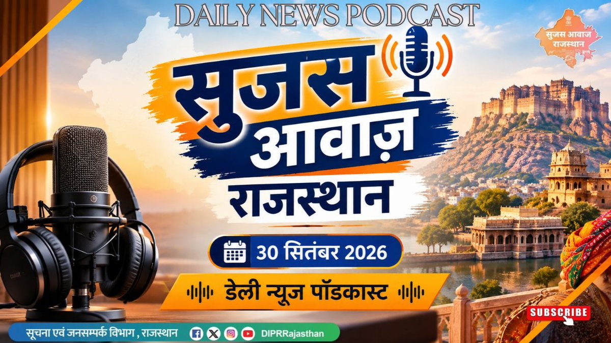 DIPRRajasthan's tweet photo. सुजस आवाज़ राजस्थान 
30 सितंबर, 2026
डेली न्यूज पॉडकास्ट

https://t.co/KqCxksWJsA

आज खास -

- मुख्यमंत्री भजनलाल शर्मा की मुख्य अध्यक्षता में बाड़मेर में जोधपुर संभाग के 1,013 विभिन्न विकास कार्यों का शिलान्यास एवं लोकार्पण कार्यक्रम, जोधपुर संभाग के 8 जिलों को 2,824 करोड़ की सौगात
 
- मुख्यमंत्री बजट घोषणा से फलोदी जिले की तीन ढाणियों की बदली तस्वीर — 1.50 करोड़ रुपये से सुदृढ़ हुआ पेयजल तंत्र, 2,805 ग्रामीणों को लाभ

- मुख्यमंत्री ने 30 कृषि उपज मण्डी समितियों में 57 करोड़ 41 लाख रुपये के विकास कार्यों को दी स्वीकृति

@BhajanlalBjp
@KumariDiya
@DrPremBairwa
@RajCMO
@RajGovOfficial
#DIPRRajasthan #आपणो_अग्रणी_राजस्थान