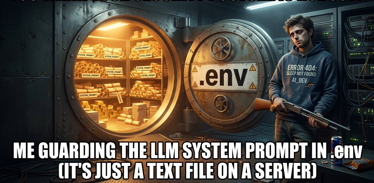 DeepSagarrrr's tweet photo. .env file in 2026:

DATABASE_URL=...
API_KEY=...
SYSTEM_PROMPT="You are a senior engineer who..." (took me 3 weeks to write, do not leak) https://t.co/GWVmigpTXk