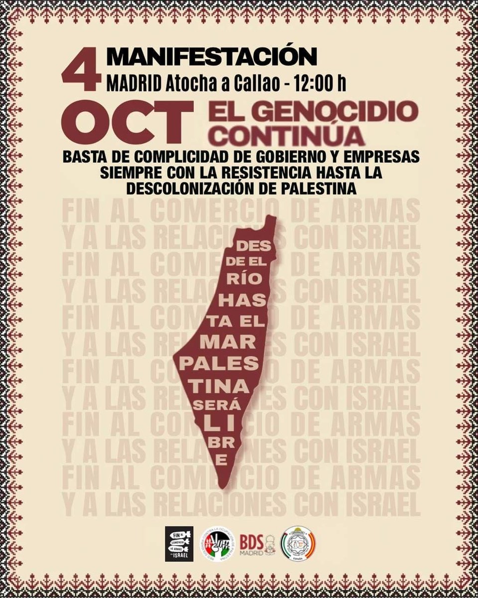InquilinatoMad's tweet photo. Desde el Sindicato de Inquilinas de Madrid llamamos a la manifestación propalestina para seguir denunciando el fin total del comercio de armas y la ruptura de relaciones con Israel. 

Estaremos en Atocha el 4 octubre a las 12. te esperamos https://t.co/aOG3br5pHp