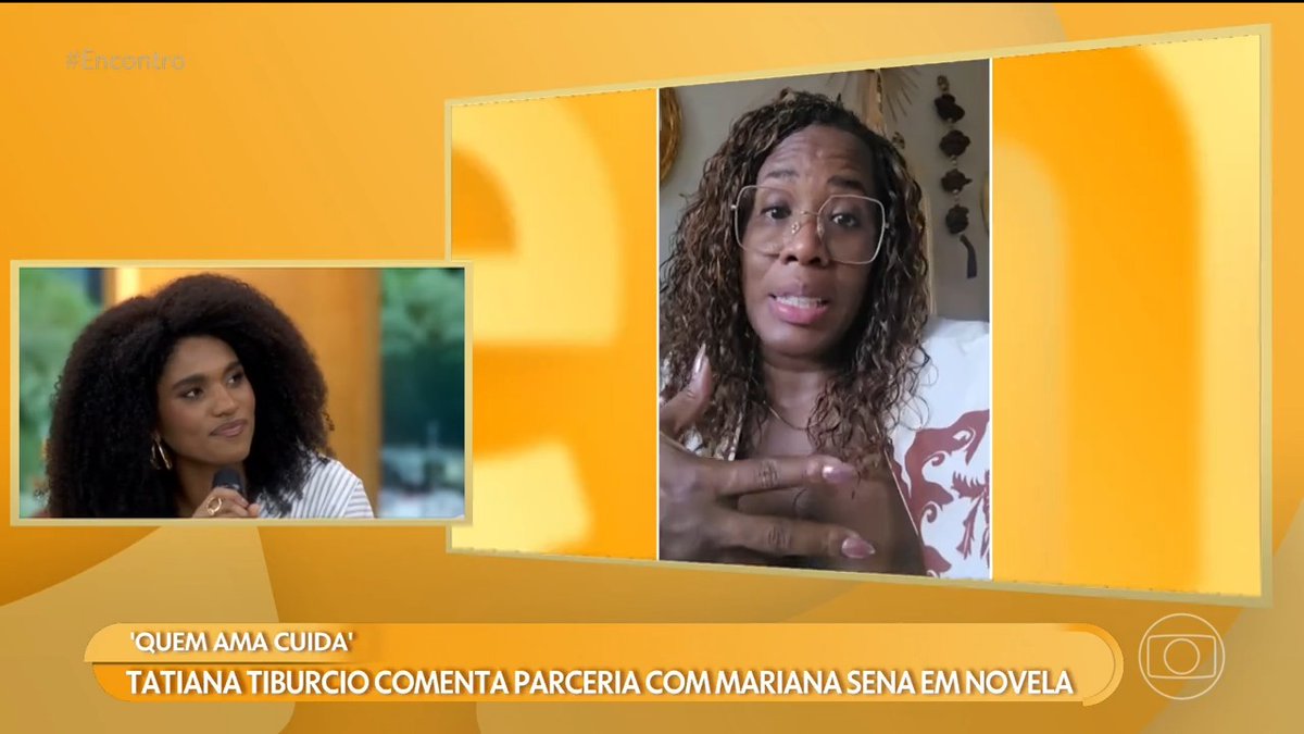 A split-screen image from the Brazilian TV show "Encontro" shows a woman with curly hair in the studio on the left, while actress Tatiana Tiburcio appears via video call on the right, with the on-screen text reading "QUEM AMA CUIDA: TATIANA TIBURCIO COMENTA PARCERIA COM MARIANA SENA EM NOVELA," illustrating her interview about her on-screen and personal partnership with Mariana Sena.