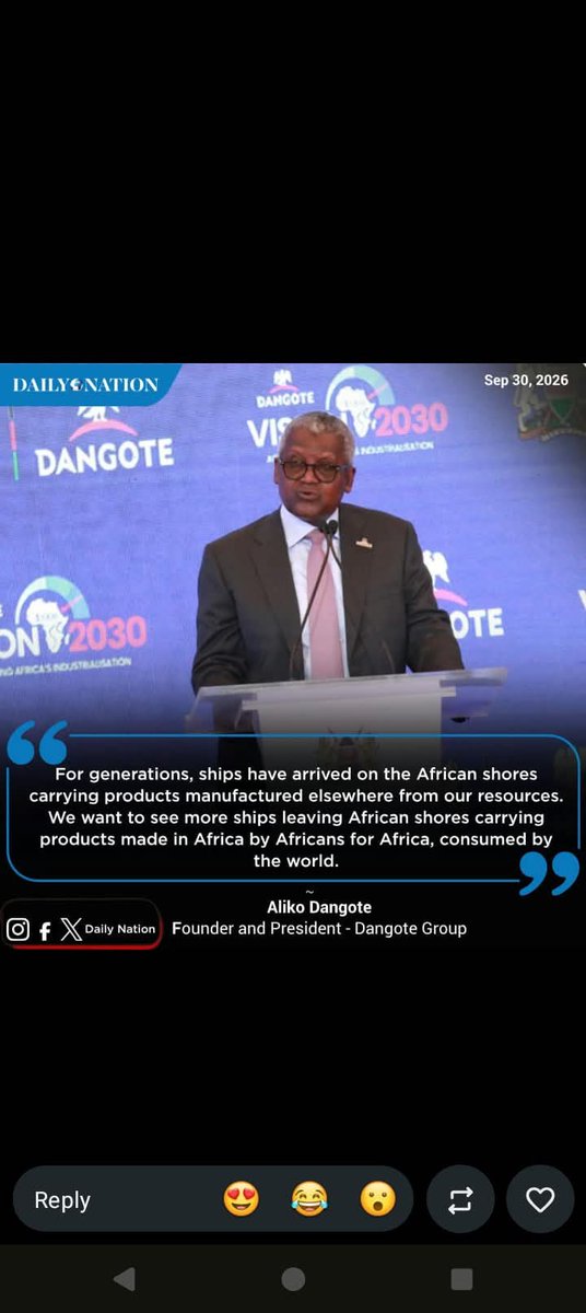 WehliyeMohamed's tweet photo. Word! Kudos Mr Dangote. 
In Kenya, our billionaires are current and former politicians. The only thing they manufacture is our taxes! Ships are leaving our shores, but with stolen money! https://t.co/1gqvYN8slV