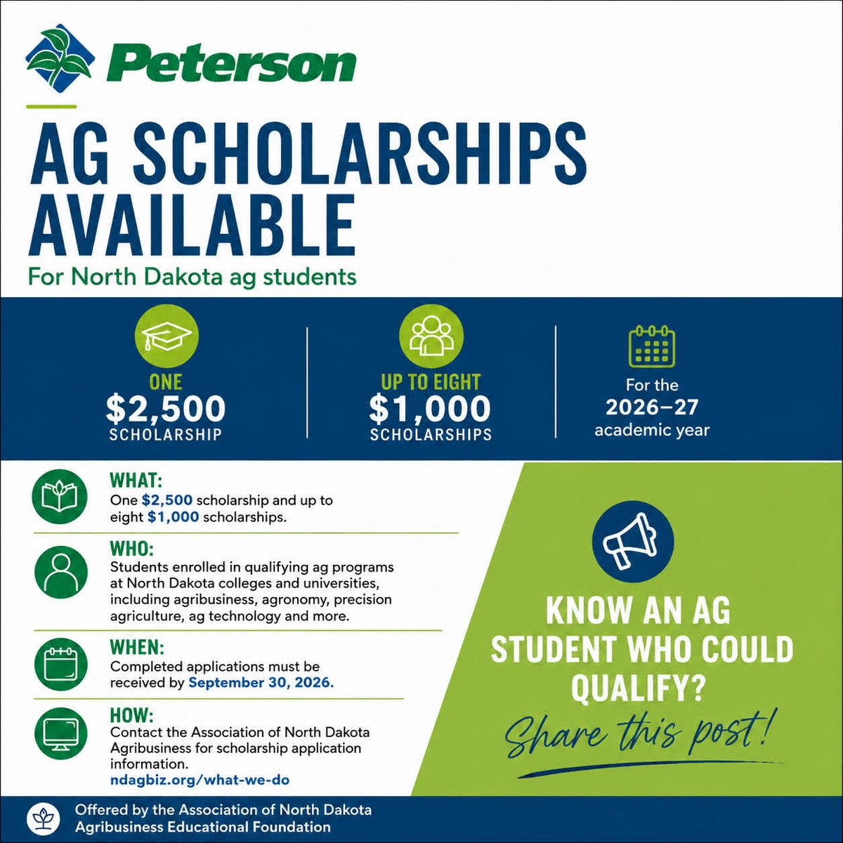 PFSeed's tweet photo. LAST CHANCE TO APPLY | Ag scholarship applications are due TODAY, Sept. 30! One $2,500 and up to eight $1,000 scholarships are available to students in qualifying ag programs at ND colleges. Info: https://t.co/ilFHtZMDAW. Tag an ag student who should apply! https://t.co/ASeXBHPN3L