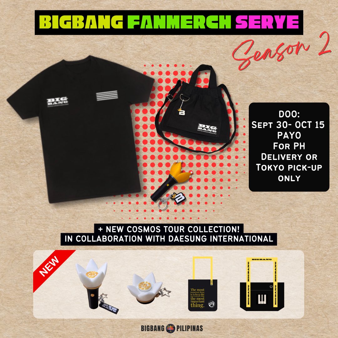 BIGBANGFILO's tweet photo. [BIGBANG FANMERCH SERYE] - SEASON 2!!!

Back due to popular demand! 🙌
Now with more chances of aura farming with our new COSMOS TOUR INSPIRED MERCH Collection! 😁

Order na che! https://t.co/XNsZNs4drF

Collab with @DAESUNGintl 🐯

#BIGBANG #GDRAGON #TAEYANG #DAESUNG https://t.co/ohpUsoJFLT