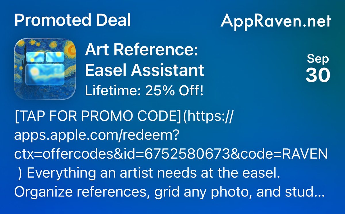 AppRaven's tweet photo. 🎁 Today's App Deal - September 30th 🎁

Art Reference: Easel Assistant
Lifetime: 25% Off!

Get it while you can!

👉 https://t.co/jW04XRY4Y9

📆 Repost &amp; Follow for new deals every day!

#Apple #AppStore #Deals #Discount #iPhone #Apps #iOS https://t.co/25CL0fJfv8