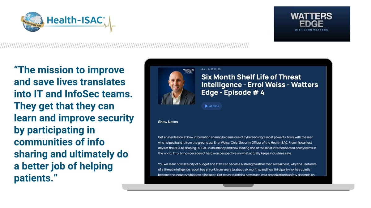 HealthISAC's tweet photo. Good listening for the weekend: Errol Weiss, Health-ISAC Chief Security Officer, on the Watters Edge Podcast with John Watters.
Listen here: https://t.co/kOPY8npYUL
#InformationSharing #ThreatIntelligence #CTI #HealthIT #HealthSectorSecurity https://t.co/XpmR8NKEgB