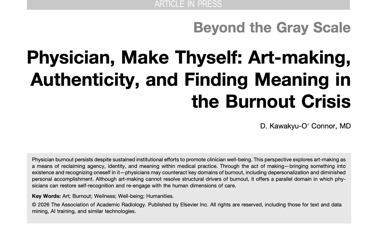 ErinCookeMD's tweet photo. Check out our new #RadArt Arts & Humanities column in @AcadRadiol "Beyond the Gray Scale" β¬οΈβ¬οΈβ¬οΈ We feature pieces highlighting the arts, wellbeing, ethics, & more. #RadEd
*First feature here: https://t.co/re4BhzaDXi https://t.co/SbhyzLtbLa