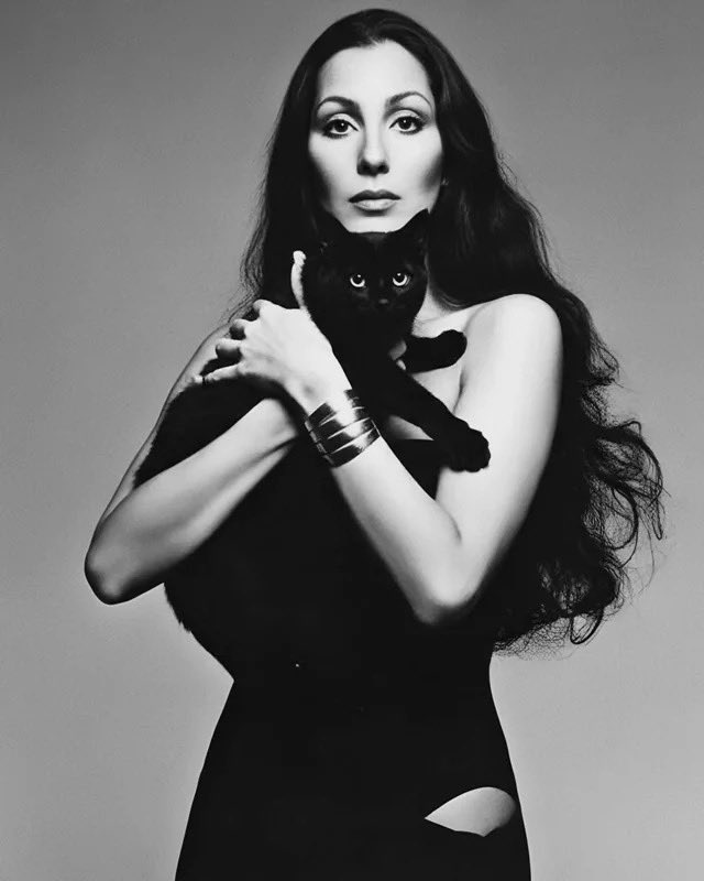 ifuliedownhere's tweet photo. Cher photographed with her cat,1974 https://t.co/UMvZvVyUst
