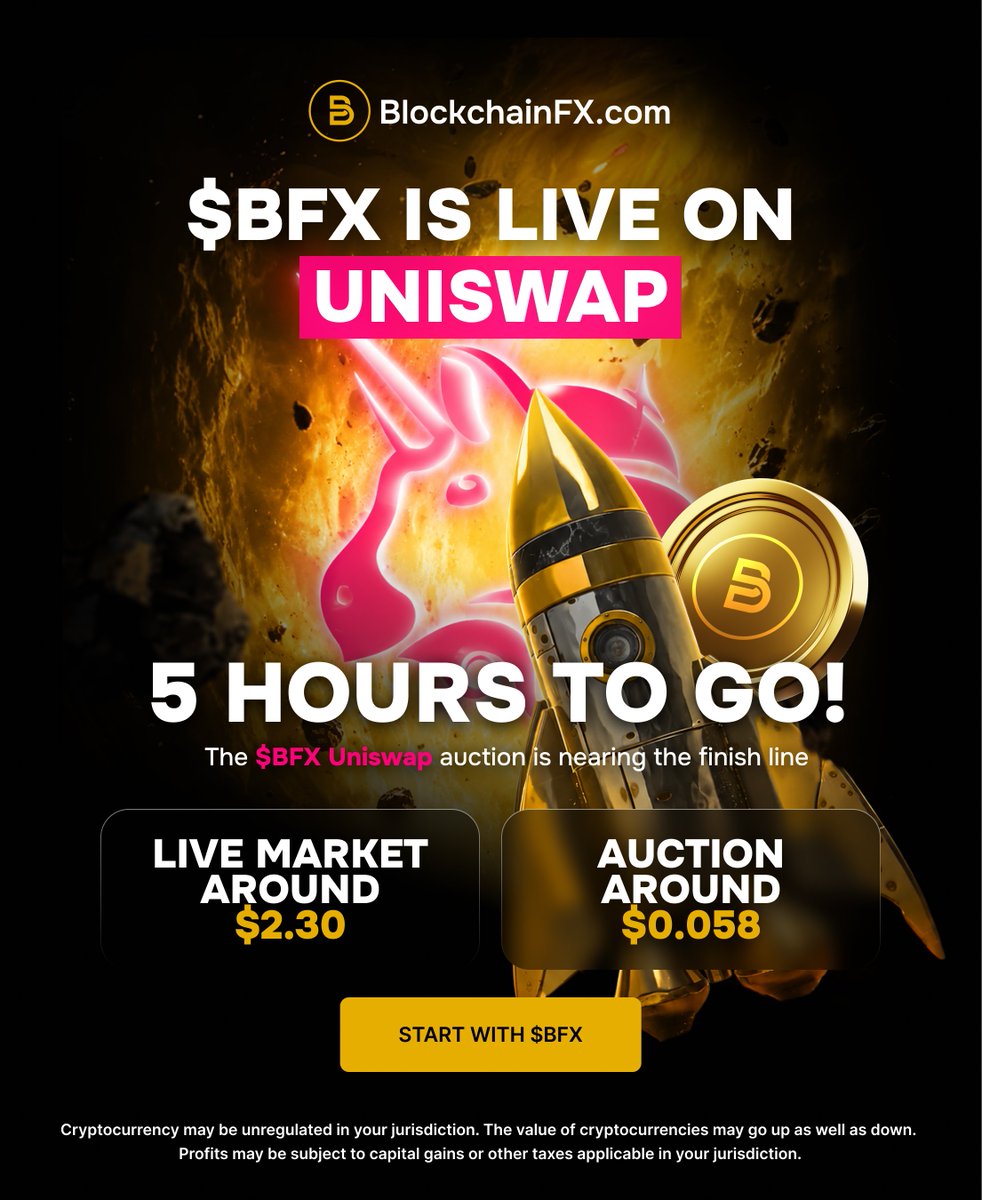 BlockchainFXcom's tweet photo. ⏳ 5 HOURS TO GO FOR THE $BFX AUCTION

The auction door is closing soon.

🟢 Liquidity-building auction price: around $0.058

🟣 Live market price: around $2.30

👉 Join the auction:
https://t.co/fldghIl3NM

💥🚀 https://t.co/ILM0LXpZkx