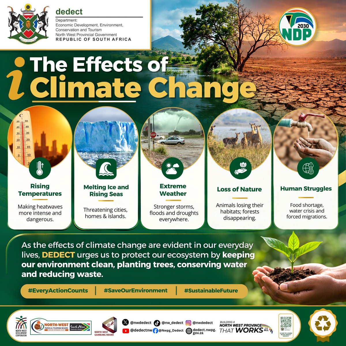 NWPG_Dedect's tweet photo. Climate change is already impacting daily life through extreme weather, water scarcity, and biodiversity loss. Small actions—planting trees, saving water, and cutting waste—build a resilient, sustainable future for generations to come. #EveryActionCounts https://t.co/5kOFWWMsKG