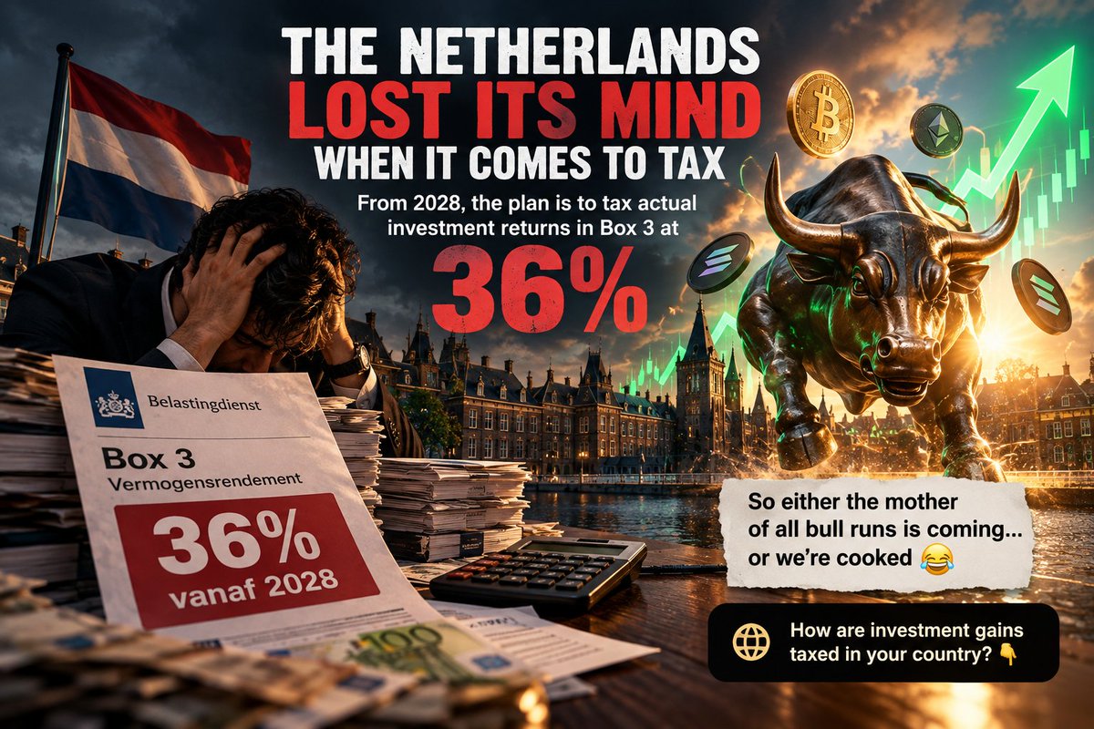 DaniyalAjdadi's tweet photo. The Netherlands has lost its mind when it comes to taxes 🇳🇱

From 2028, the plan is to tax actual investment returns in Box 3 at 36%.

So either the mother of all bull runs is coming… or we’re cooked 😂

How are investment gains taxed in your country? 👇 https://t.co/fwXMXfBDzZ