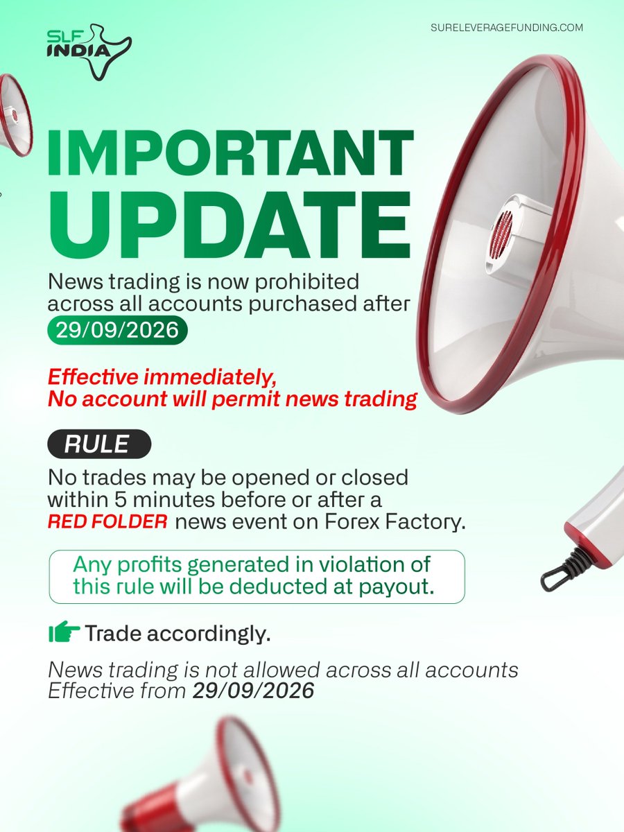 SureleverageIN's tweet photo. Two important updates for traders at @SureLeverage.

Effective September 29, 2026, news trading is restricted on all newly purchased accounts.

But we listened to your feedback.

News trading is now available again through an optional add-on at checkout for Instant Static and 1 Step plans.

Choose the rules that fit your strategy.

Trade with flexibility. Trade on your terms.
