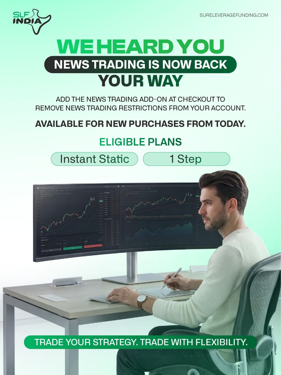 SureleverageIN's tweet photo. Two important updates for traders at @SureLeverage.

Effective September 29, 2026, news trading is restricted on all newly purchased accounts.

But we listened to your feedback.

News trading is now available again through an optional add-on at checkout for Instant Static and 1 Step plans.

Choose the rules that fit your strategy.

Trade with flexibility. Trade on your terms.