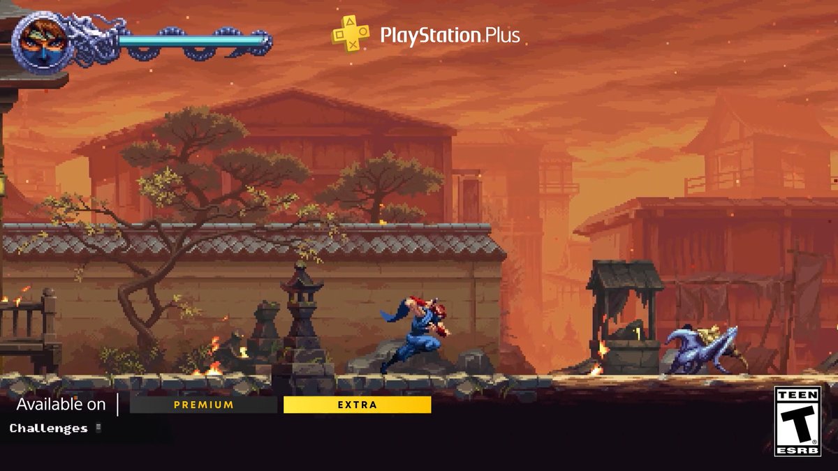 The screenshot shows pixel-art gameplay from Ninja Gaiden: Ragebound, featuring a blue-clad ninja running through a fiery Japanese village against an orange-red sky, with a demon enemy visible on the right. The image displays PlayStation Plus branding, a TEEN ESRB rating, and tier selection buttons labeled "PREMIUM" and "EXTRA," promoting the game's availability on the service's Game Catalog.