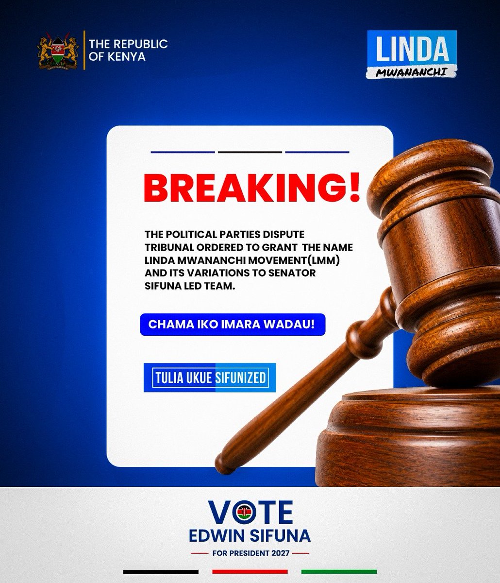 PChessa2's tweet photo. BREAKING NEWS......THE POLITICAL PARTIES DISPUTE TRIBUNAL ORDERED TO GRANT  THE NAME LINDA MWANANCHI MOVEMENT(LMM) AND ITS VARIATIONS TO SENATOR SIFUNA LED TEAM WITHIN SEVEN DAYS FROM TODAY. CHAMA IKO IMARA...MUNGU ANAREJESHA MIAKA YOTE ILIYOLIWA NA NZIGE SASA.
@LindaMwananchi_ https://t.co/xz4CiWrrZm