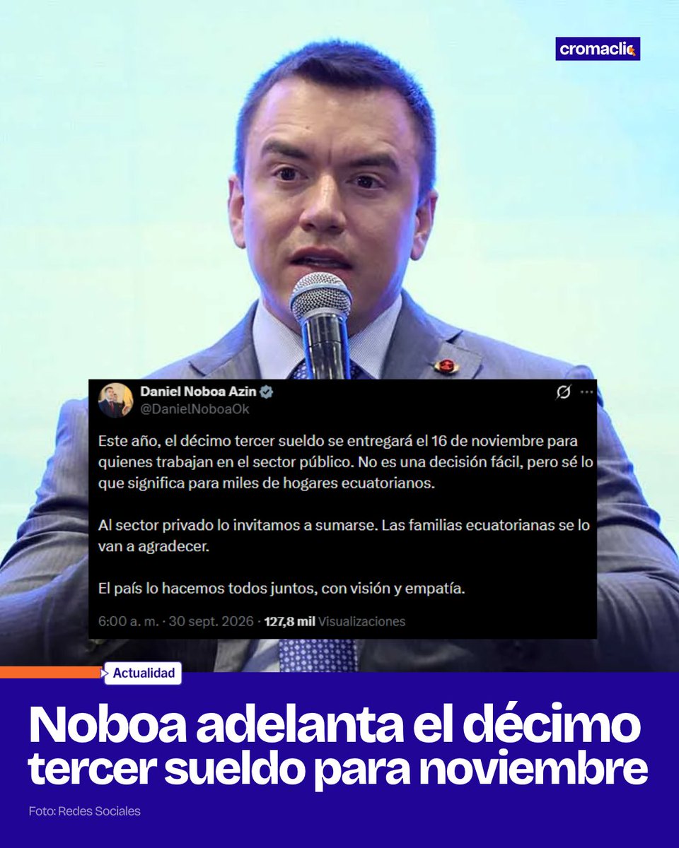 Cromaclic1's tweet photo. ¡Por segundo año consecutivo! 👀

Daniel Noboa anuncia que el pago del décimo tercer sueldo se adelanta para el mes de noviembre en el sector público. Además invitó al sector privado para sumarse a esta medida.

#politica #Ecuador #elecciones #Noboa https://t.co/fkp82QgJLH