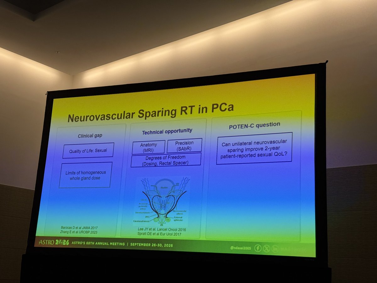 TylerSbrt's tweet photo. 🧐nerve-sparing prostate RT?

@ndesai2005 presents Poten-C trial

Unilateral NVB sparing:
❌ did not improve sexual function (primary endpoint)

🤔 urinary function better w NVB sparing

@ASTRO_org #ASTRO26 https://t.co/qGSMzuUsCT