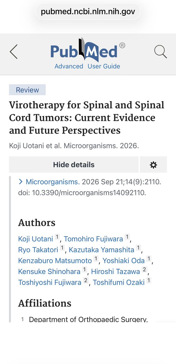 moe4588oncolys's tweet photo. 毎日PubMedの更新はチェックしてまして、9/21にOBP-301関連のレビュー論文があがったことは確認しつつ、総説だったので最初は軽く流していたのですが、これよく読むと凄いです

タイトルは
「Virotherapy for Spinal and Spinal Cord Tumors: Current Evidence and Future Perspectives」
（脊椎および脊髄腫瘍に対するウイルス療法：現在のエビデンスと今後の展望）  

この論文のターゲットは、手術難度がきわめて高い「脊髄」です
切除時の麻痺リスクが高く有効な治療法が乏しい「脊髄腫瘍」という、アンメットメディカルニーズの非常に高い希少領域（オーファン）に焦点を当てています

消化器のように内視鏡で直接アプローチできないため、髄液経由（intrathecal）等の特殊投与や、血流脳脊髄液関門（BSCB）の克服に向けた試みが前臨床データとして蓄積されています

もし将来的にこの中枢神経系ルートが正式なパイプライン（テロメライシンやOBP-702等）に組み込まれる日が来れば、これまで消化器系中心だった適応症が一気に「中枢神経系」へと拡大することになります

このような「横展開」によるパイプラインの可能性を拡大させるアプローチだけでも非常に面白いのですが、著者陣を確認すると、消化器外科の藤原俊義教授らのチームとは異なる研究グループ、言わば「岡山大学の別班」である整形外科学教室を中心としたグループ(尾崎敏文教授、魚谷弘二講師ら)による論文ということで、さらに期待が高まります

既存の臨床開発の着実な進展はもちろんですが、こうしたアカデミアの深い研究ネットワークから新たな展開の芽が生み出されている構造は、テロメライシンの長期的なポテンシャルを考える上でも非常に興味深いポイントです
#オンコリス
https://t.co/1oSnuiEWTd