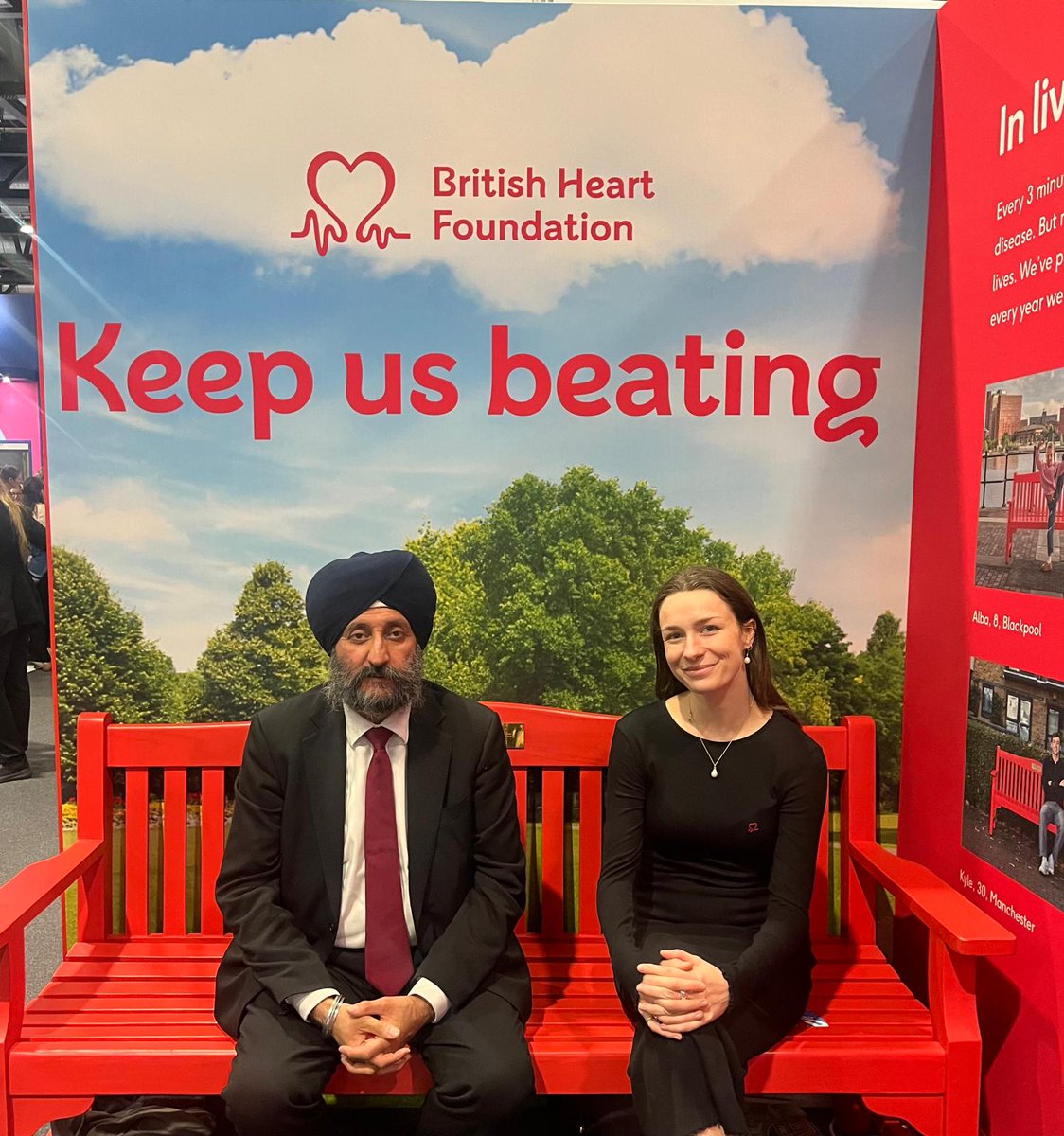 BHFpolicy's tweet photo. Our red bench at #LPC26 is one of 65 across the UK, each connected to a real-life story of someone whose life has been transformed by cardiovascular research β€οΈ
Thank you to @gsjosan for stopping by and learning more about how a greater focus on cardiovascular disease research can help people across the country live longer, healthier lives.