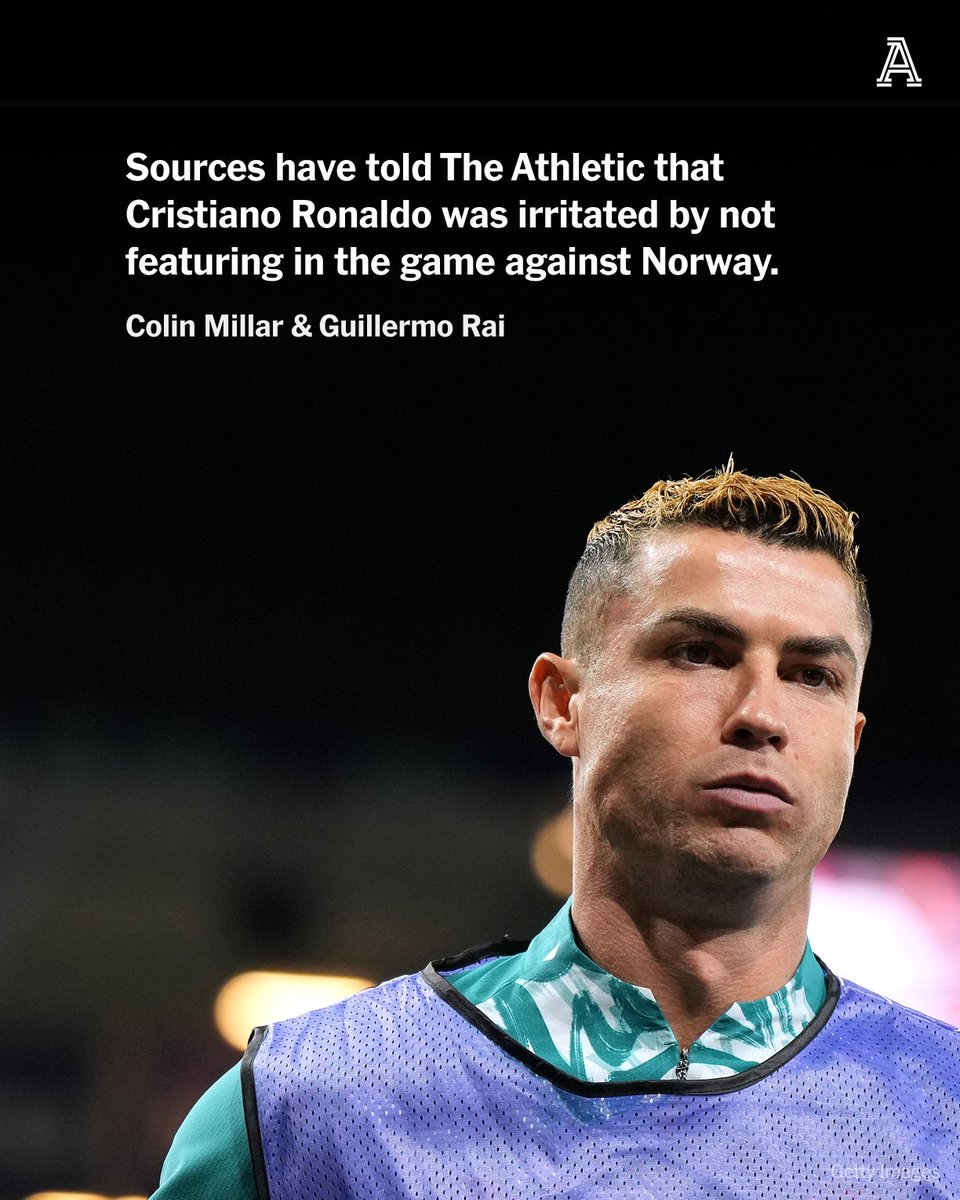 TheAthleticFC's tweet photo. Ahead of Portugal's trip to Denmark, the build-up has centred on a ‘crisis’ meeting between Jorge Jesus & Cristiano Ronaldo.

The 41-year-old did not play a minute of Sunday’s win over Norway and did not train with his team-mates on Monday or Tuesday.

The head coach had said before the match that he planned for Ronaldo to participate, but that he was unlikely to feature from the start. 

When the final whistle went in Oslo, Ronaldo made his way directly from the substitute’s bench and down the tunnel, not joining his team-mates in acknowledging the visiting Portuguese fans.

Sources have told The Athletic that Ronaldo was irritated by not featuring at all in the game.

More from @Millar_Colin & @GuillermoRai_ 

🔗 https://t.co/e1QTV6ofrG