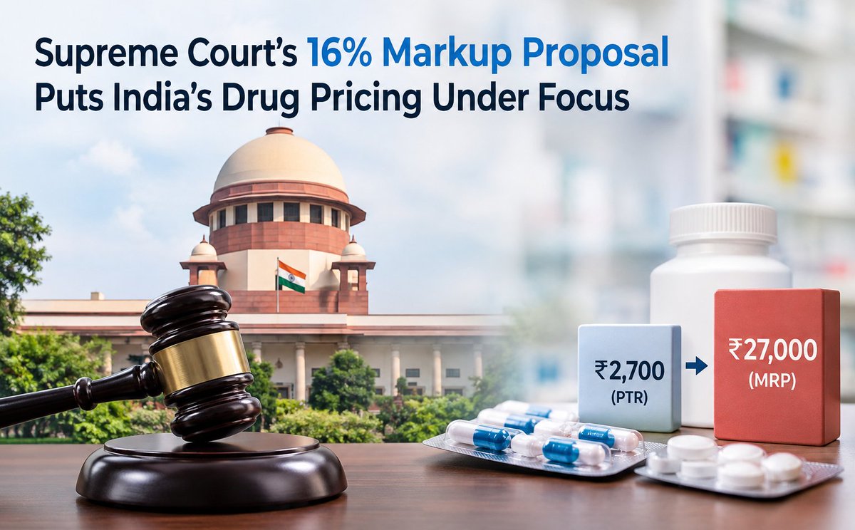 TowardsHealths's tweet photo. India may consider a uniform 16% retail markup on medicines.

The Supreme Court has asked the Centre to examine the proposal after flagging a ₹2,700 PTR vs ₹27,000 MRP gap.

Next hearing: October 12.

#IndiaPharma #DrugPricing https://t.co/PfaMqv2Nj7