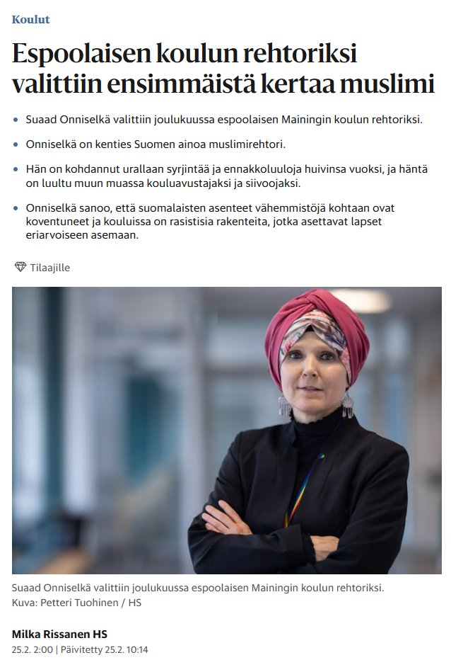 NooraMuittari's tweet photo. Kun kysytään "mikä islamisaatio", niin tämä on se islamisaatio.

HS on saanut katunimikkeen Hamasin Sanomat (aivan aiheesta), mutta saattaa olla jo seuraavassa evoluution vaiheessa: Halalin Sanomat (tai Hadith Sanomat?).

Milloin haastatellaan sympaattisesti imaami Sharmarke Said Aw-Mussea, milloin ensimmäistä muslimirehtoria, islaminuskonnon opettajaa Suaad Onninselkää.

Molemmat ovat Suomen Muslimifoorumin äänenkannattajia, joka taas Suomen islamisaatiota ajava moottori.

Koskeepa keskustelu Suomen Muslimifoorumin kannanottoja, islamin opetusta yleisesti tai hijabeja, niqabeja ja burkhia tai ramadanin viettoa, se noudattaa aina "kaksisuuntaisen kotoutumisen" asennetta, joka kuitenkin toimii aina vain yhteen suuntaan:

Joko suomalainen yhteiskunta mukautuu muslimien toiveiden mukaiseksi tai suomalainen yhteiskunta saa syytteen islamofobiasta ja rasismista.

Jostain syystä keskustelu pyörii aina vain sen ympärillä, joka takaa islamille erityisoikeuksien vaatimisen ja erityiskohtelun alaisen toiminnan säilymisen.

Klassista islamisaatiota.

Joten kysymys säilyy yhä:

Suomessa on uskonvapaus; mutta mitä tehdä tilanteessa, kun uskonvapautta käytetään kaapuna, jonka alla toimitaan poliittisena liikkeenä?

Jos uskonnonvapauden nimissä ajetaan poliittisen ja uskonnollisen siiven sisältävää ideologiaa, jonka keskeisenä tarkoituksena on vallitsevan yhteiskuntajärjestelmän korvaaminen toisella, on enemmän kuin perusteltua pohtia kuuluuko sen ajaminen uskonnonvapauteen.

Niin pitkään kun islamista puhutaan ainoastaan uskontona, kiistetään sen poliittinen luonne ja islamisaation annetaan edetä.

Siten islam valloittaa yhteiskunnassamme tilaa askel askeleelta, käyttäen arvojamme ja vapauksia aseina meitä itseämme vastaan.

Aivan sotalordin oppien mukaisesti; ja aivan kuten jihadistit ovat ääneen sanoneensa tekevänsäkin.

Sillä islam ei kotoudu eikä islam integroidu. Islam islamisoi.