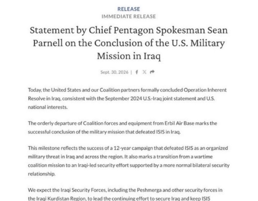 RepLuna's tweet photo. Thank you POTUS. The U.S. has officially withdrawn from Iraq. 🙏🏼 https://t.co/v0p9Tz5xCA