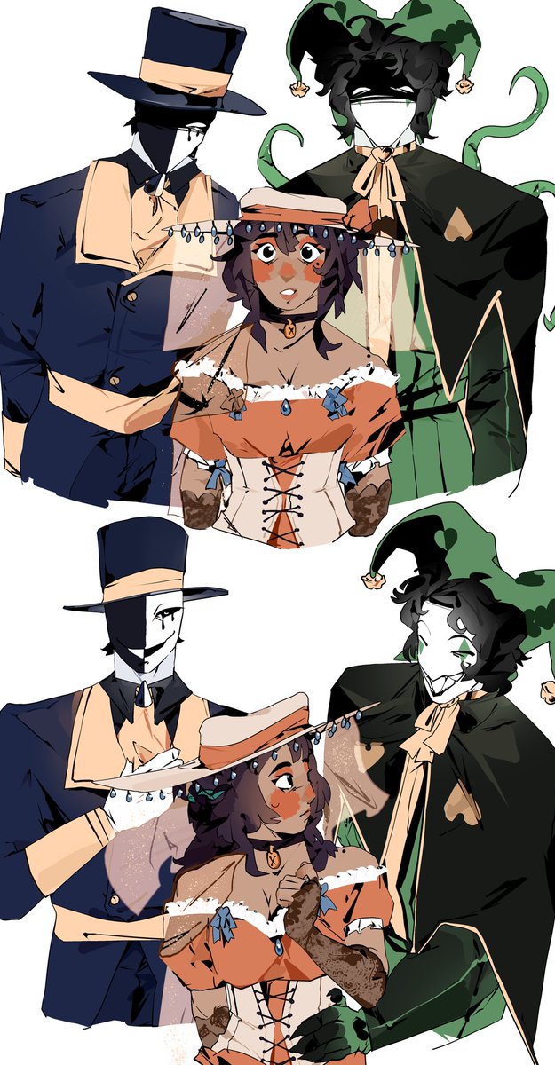 Cannibalingus's tweet photo. I wanna be sandwiched between them 💙💚
Comm Art by @/ProductionRoxy  !! 
#tfc #thefreakcircus #harlequin #tickettaker #oc #thefreakcircusart https://t.co/cM28aLWrP3
