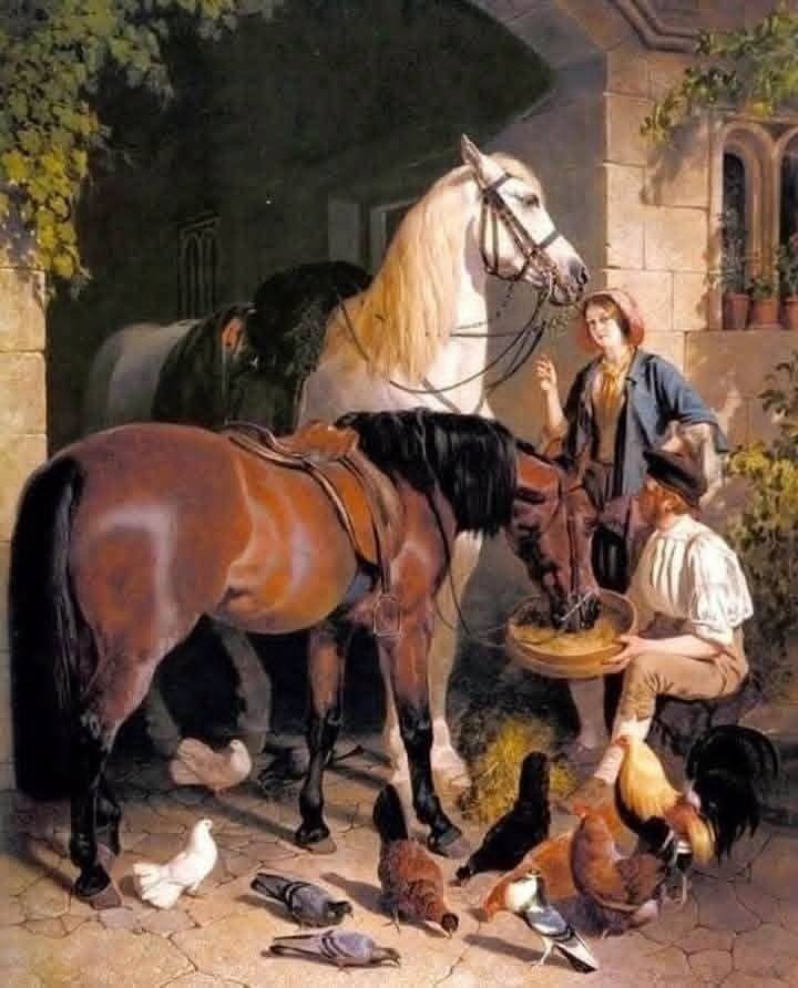 annie151092's tweet photo. Feeding the horses, but the ones who benefit are the pigeons and chickens 😆
"Feeding the horses ( stable countyard )"
John Frederick Herring (1795 _ 1865 ) https://t.co/mug03K9hRl
