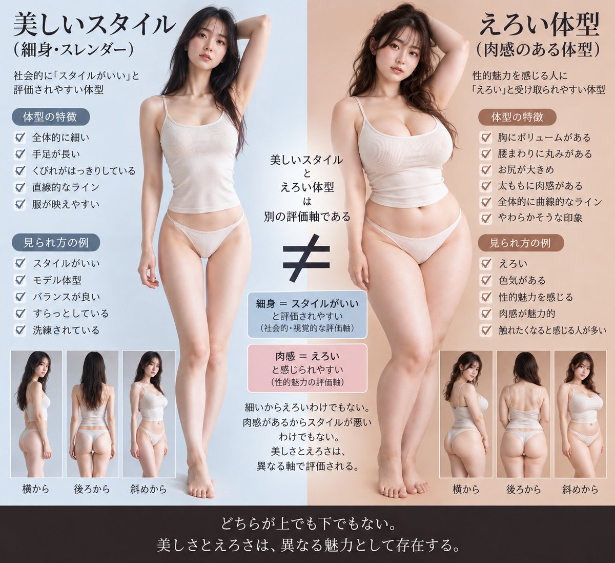 tokicandle's tweet photo. 「細い＝スタイルいい」と「えろい」は別物。胸も尻も太もももちゃんと肉があって、触ったら柔らかそうな身体はそれだけでえろい。モデル体型が美しいのと、抱きたくなる肉感がえろいのは別の話。痩せれば痩せるほど魅力的になるわけじゃない https://t.co/rzCsfhnc0v