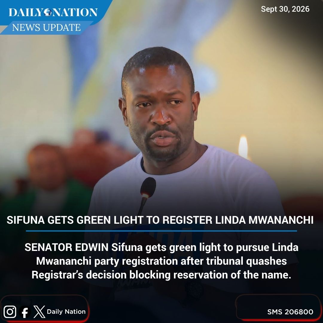 NationAfrica's tweet photo. SENATOR EDWIN Sifuna gets green light to pursue Linda Mwananchi party registration after tribunal quashes Registrar’s decision blocking reservation. https://t.co/pq2BeL6moR https://t.co/GUwHleRQl4