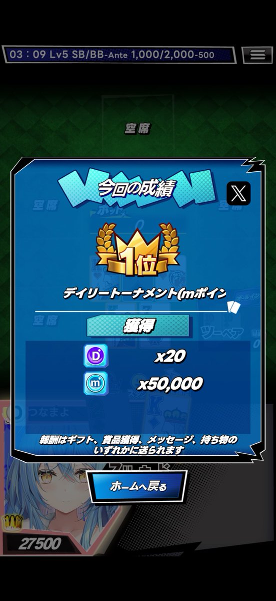 fxaquax1's tweet photo. ＼ｍHOLD'EMでトーナメントに参加／

デイリートーナメント(mポイント)
第1位

月末最終
100位入りならず
来月また頑張るか

■ｍHOLD'EMはこちら！
https://t.co/B0h0iYWVwr
 #mHOLDEM #エムホールデム https://t.co/pSwT8NwzAC