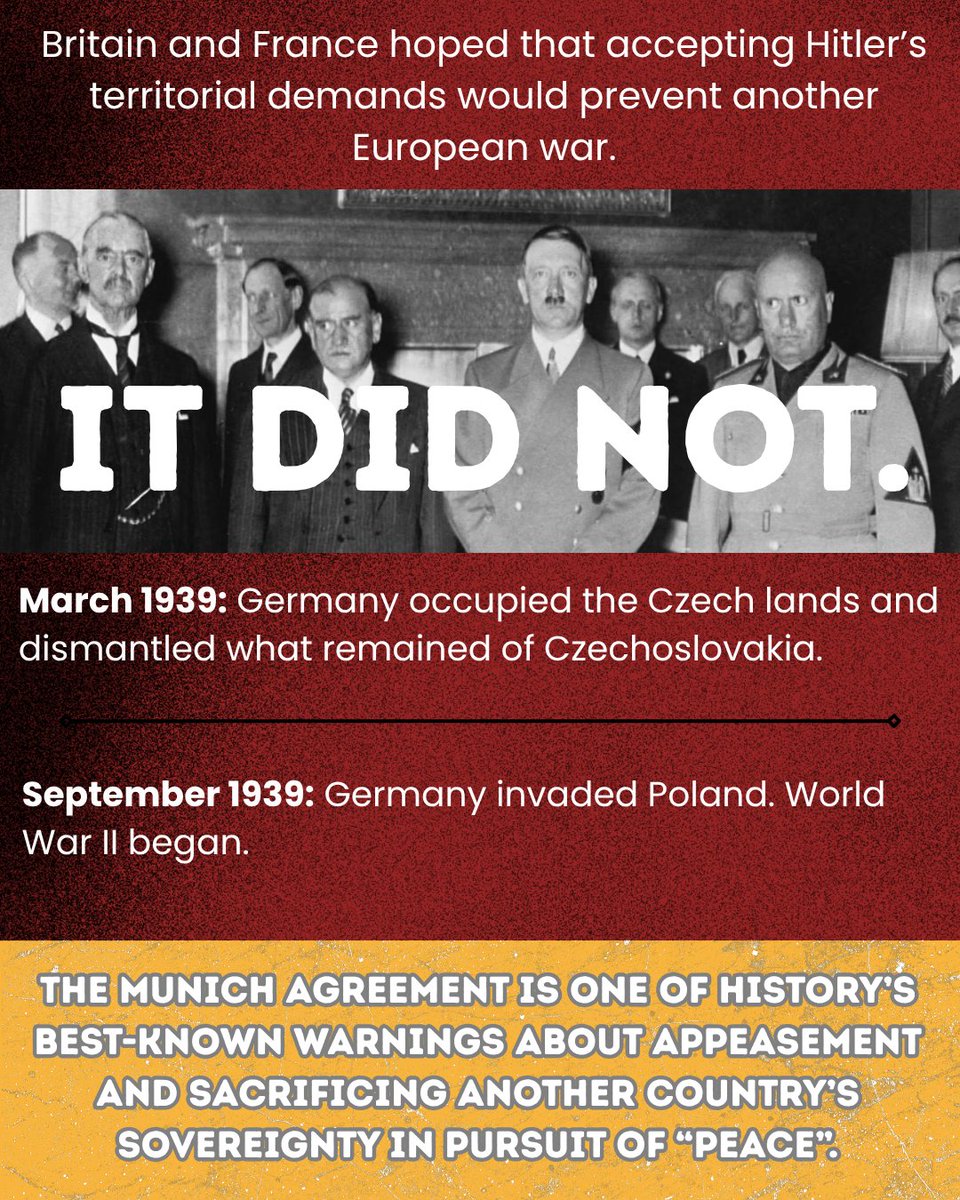 _EuropeanValues's tweet photo. On September 29–30, 1938, Germany, Italy, Britain and France met in Munich to decide the fate of Czechoslovakia. No Czechoslovak representative was allowed to take part in the negotiations. In March 1939, Germany occupied the Czech lands, and six months later, invaded Poland (1/2 https://t.co/ldcHfAuuE9