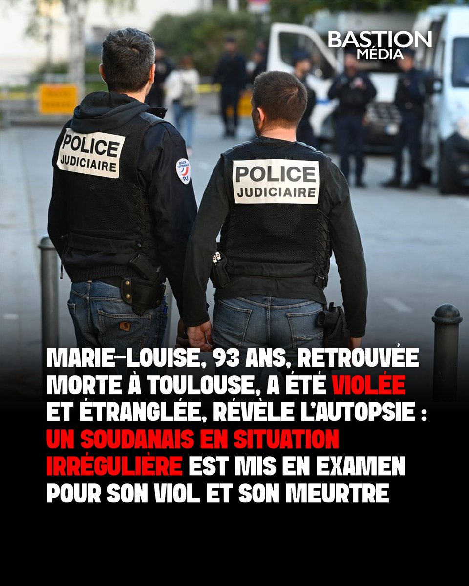 BastionMediaFR's tweet photo. ‼️🇫🇷 𝗔𝗟𝗘𝗥𝗧𝗘 𝗜𝗡𝗙𝗢 — Marie-Louise, femme handicapée de 93 ans retrouvée morte à son domicile à Toulouse, a été VIOLÉE puis ÉTRANGLÉE, révèle l’autopsie : un Soudanais de 34 ans en situation IRRÉGULIÈRE est mis en examen pour son viol et son meurtre.

L’autopsie a également révélé une fracture costale et du rachis, plusieurs hématomes au visage ainsi que des lésions traumatiques au cou compatibles avec une asphyxie.

L’auteur des faits avait été retrouvé nu et alcoolisé sur la victime, qui était alitée depuis plusieurs mois et incapable de se déplacer seule. Il a été placé en détention provisoire.

(Sources : Midi Libre / Fdesouche)