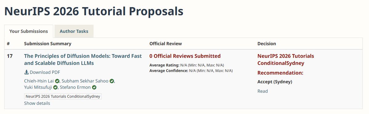 mittu1204's tweet photo. Excited that our tutorial proposal The Principles of Diffusion Models: Toward Fast and Scalable Diffusion LLMs was accepted to #NeurIPS2026 Tutorials (Sydney)

Also pleased to share 7 paper acceptances (Main×5, E&D×1, Creative AI×1) from us

More on the tutorial from @JCJesseLai