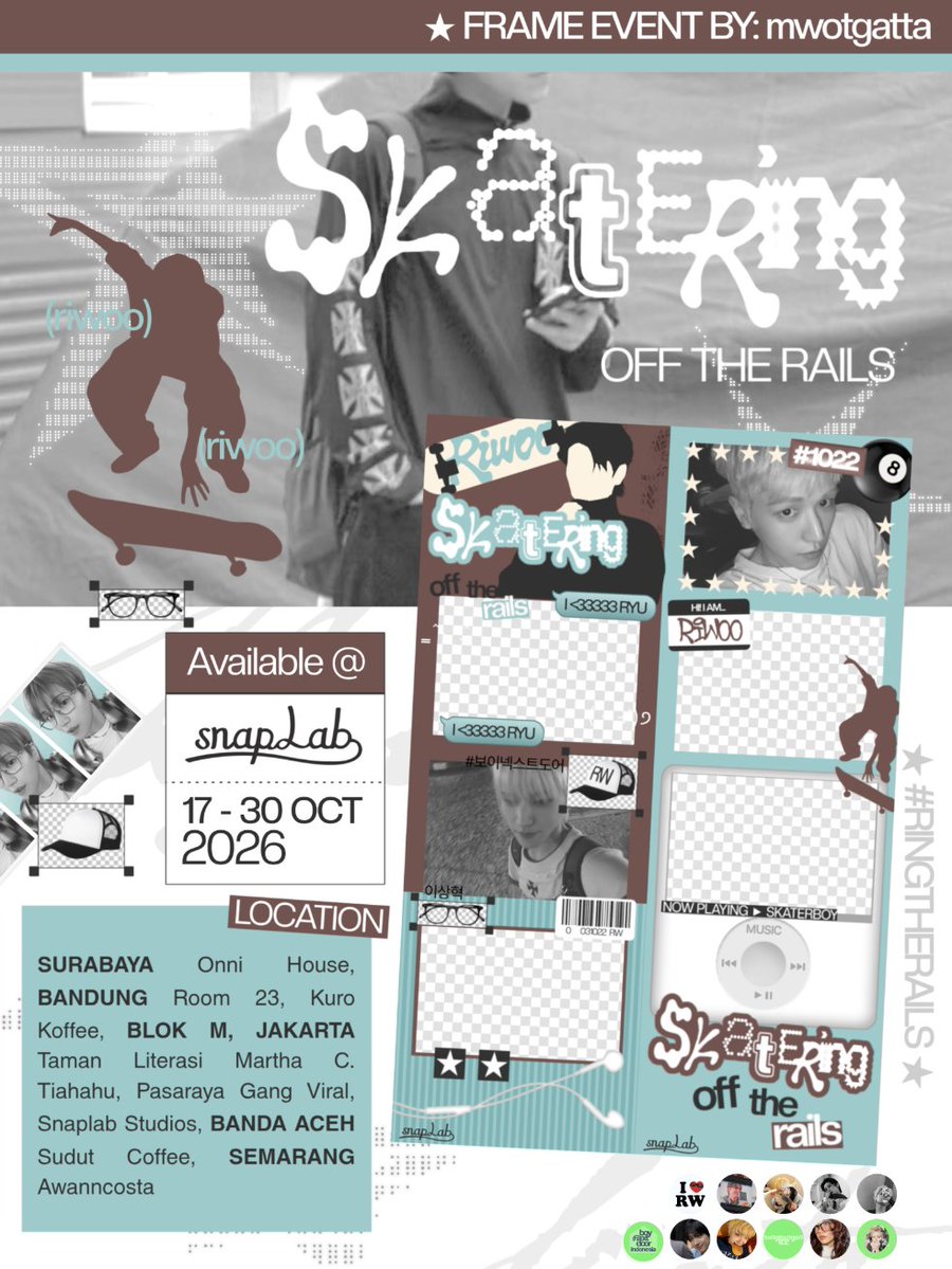 myungpups's tweet photo. SKATERING: Off The Rails 🛹

BOYNEXTDOOR RIWOO's BIRTHDAY PHOTOFRAME EVENT
by @mwotgatta [on x]

🗓 2 oct - 8 nov 2026 (details on poster)
🚏 snaplab, ourstudio, sukhakala

Snap your moment with #RINGTHERAILS 🛹 https://t.co/oUcDeE0APz