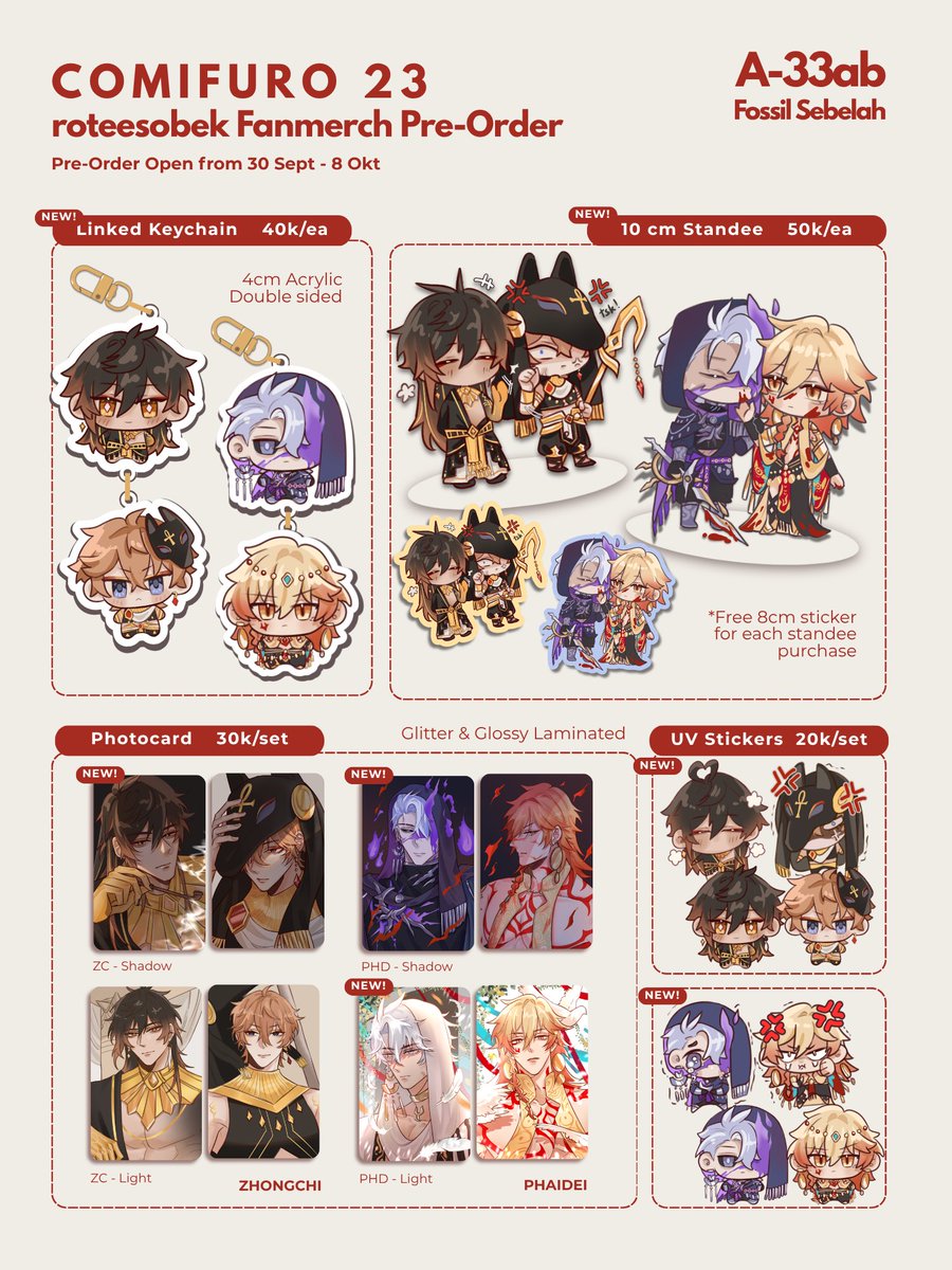 roteesobek's tweet photo. [💖 &amp; 🔄 are appreciated!]

#CF23 PO + Giveaway✨
Available for pick up CF &amp; Mail Order
31 Okt - 1 Nov at Fossil Sebelah
booth number A33 (both days)

⌚PO: 30 Sept - 8 Oct 2026
📩LINK ORDER: https://t.co/scef9jFHro
Fandom : Genshin (Zhongchi), HSR (Phaidei), MXTX
#cf23catalogue https://t.co/1VbBJ4ALag