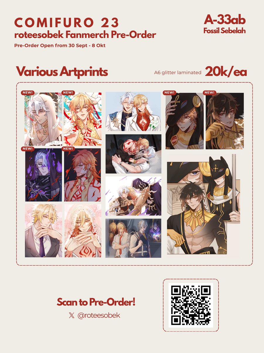 roteesobek's tweet photo. [💖 &amp; 🔄 are appreciated!]

#CF23 PO + Giveaway✨
Available for pick up CF &amp; Mail Order
31 Okt - 1 Nov at Fossil Sebelah
booth number A33 (both days)

⌚PO: 30 Sept - 8 Oct 2026
📩LINK ORDER: https://t.co/scef9jFHro
Fandom : Genshin (Zhongchi), HSR (Phaidei), MXTX
#cf23catalogue https://t.co/1VbBJ4ALag