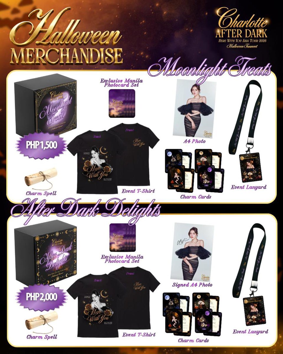 Elysian_EP's tweet photo. MANILA, IT'S TIME!! 👻✨ WHO WANTS MERCH?!
Our EXCLUSIVE Halloween merch is FINALLY here and it's only available for a limited time! We have 2 different boxes for you to choose from!

🌙 MOONLIGHT TREATS - PHP 1,500
👉 https://t.co/TEmAtY0ciB

🌌 AFTER DARK DELIGHTS - PHP 2,000
👉 https://t.co/i1V2OigIOm

⚠️ Only a LIMITED number of boxes available — once we sell out, we’re NOT restocking!

How to order:
1.  SCAN the QR code OR click the link
2.  Fill up the form in 30 seconds
3.  That's it! You're secured!
Don’t hesitate — secure yours NOW before it’s gone! Tag your bestie who needs this! 👇💜🧡
#CharlotteAfterDark #CharlotteAustin #CharlotteInManila #HereWithYouAsiaTour2026
@itscharlotty