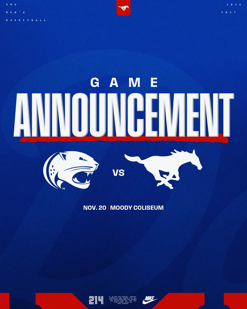 SMUBasketball's tweet photo. Add it to the calendar 🗓️

Your Mustangs will take on @SouthAlabamaMBB on November 20th at Moody Coliseum✌️ https://t.co/QKMEvnVoSc