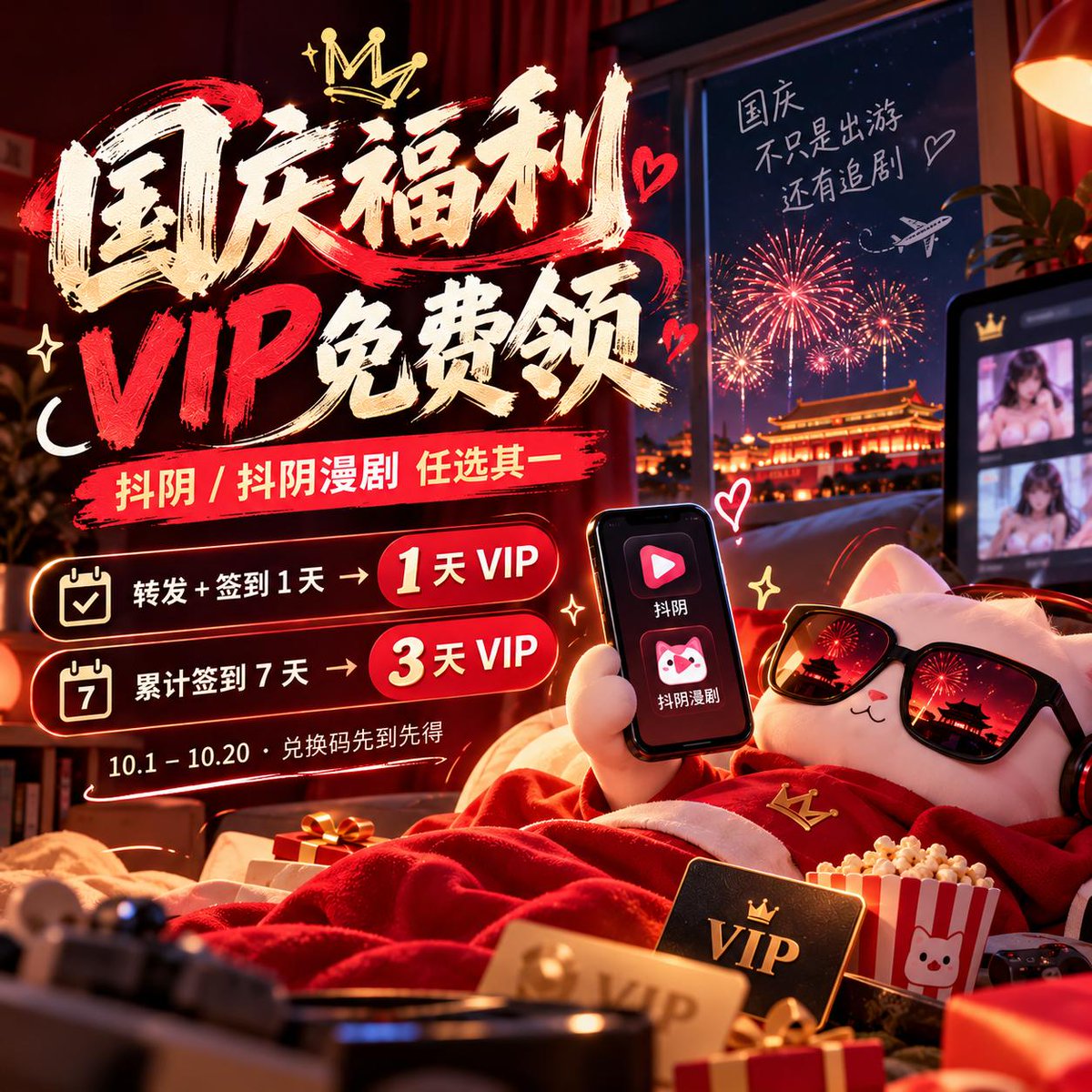 dy63131's tweet photo. 🇨🇳 国庆福利｜抖阴 VIP 免费领 🎁

✅ 转发本推 + 进群签到 1 天 → 1 天 VIP
✅ 累计签到 7 天 → 再领 3 天 VIP
📱 抖阴 / 抖阴漫剧 任选其一

👉 进群领取  https://t.co/cPApxmVVED
⏰ 10.1 – 10.20｜兑换码先到先得

#国庆福利 #免费VIP #抖阴漫剧 #抖阴 #AI短剧 https://t.co/GrHLGqTFOE