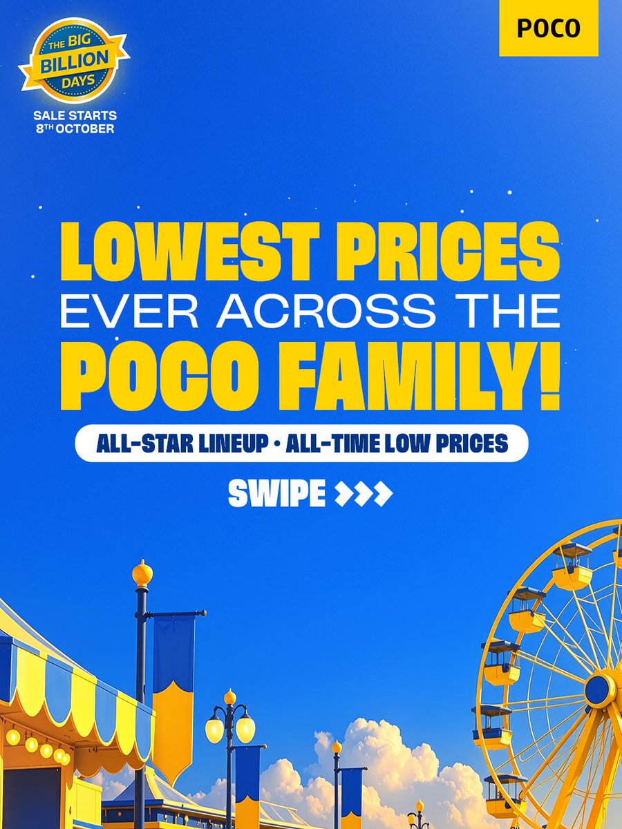 IndiaPOCO's tweet photo. Whether you're looking for flagship-level speed, non-stop battery life, or pure swag, your next upgrade is now available at its lowest price in #POCO history! ⚡
Tell us in the comments which model you’re snapping up!
Lock in your deal on flipkart right away!
#BBD #Discount https://t.co/hE3ExLlidb