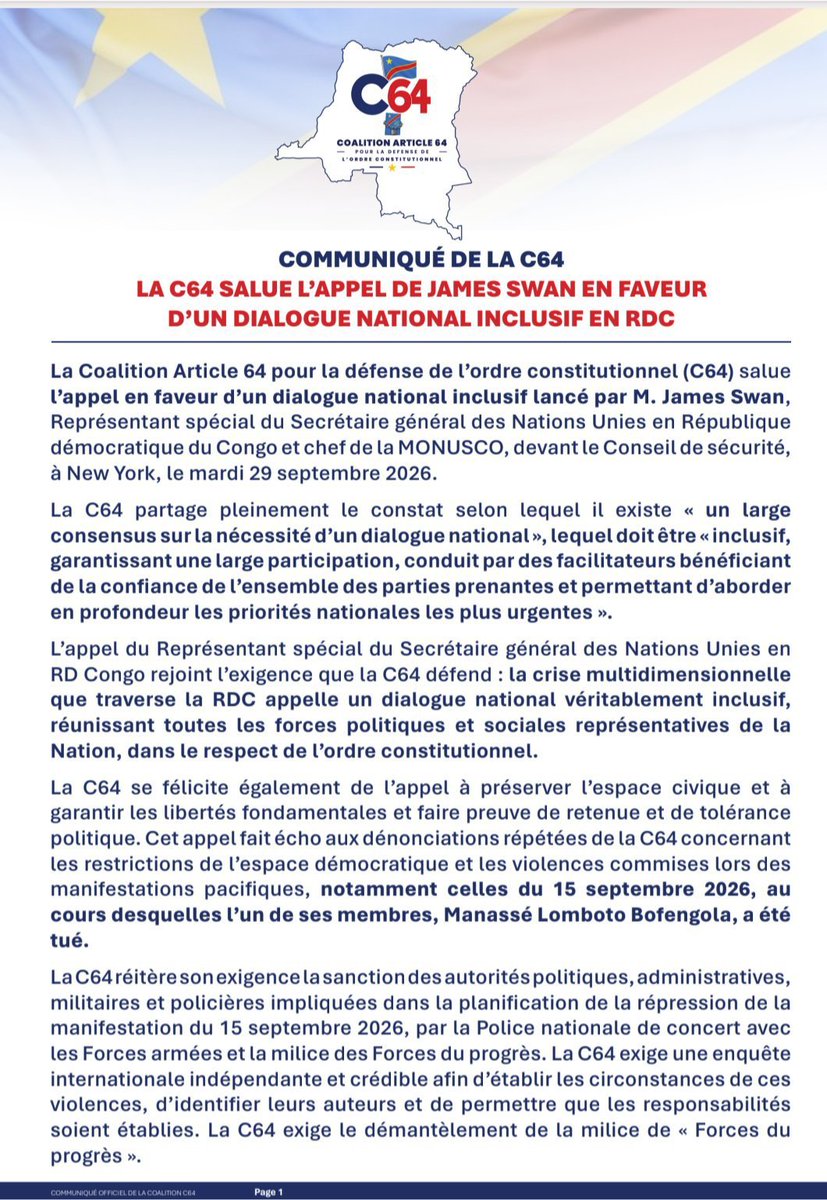 Baike9x's tweet photo. C64 esepeli na bosenga ya James Swan (ONU/MONUSCO) mpo na masolo ya ekolo oyo esangisi bato banso mpe eboyi cadrage unilatéral nionso ya yango na gouvernement. 👇 https://t.co/wtoO0Mef9t