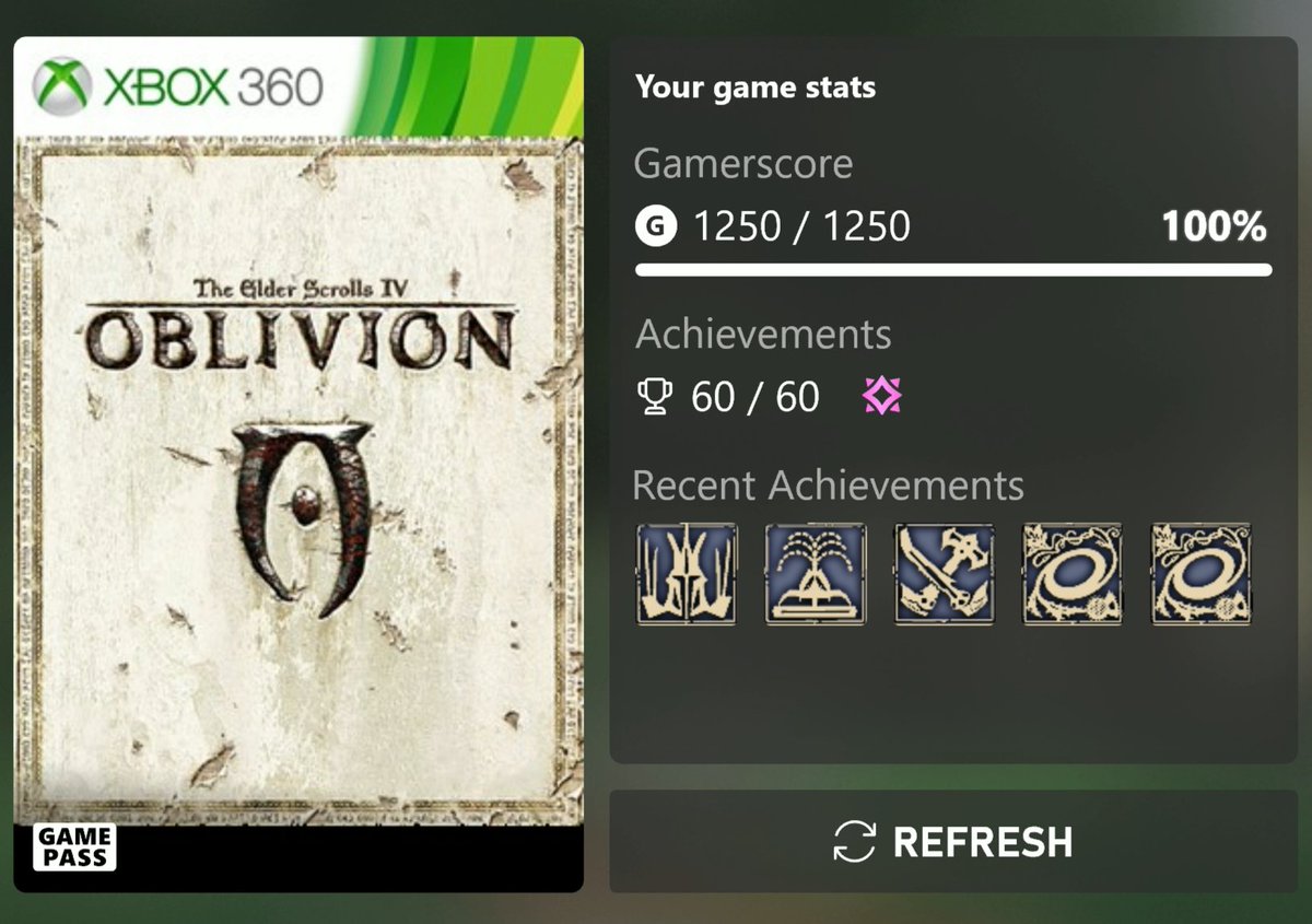 Stallion83's tweet photo. Xbox is recognizing completions from Xbox 360 games I finished over 20 years ago. 

Here's my Oblivion completion from 2006 showing up as Mythic in 2026. 🤯 https://t.co/ZWzzFfiB9l