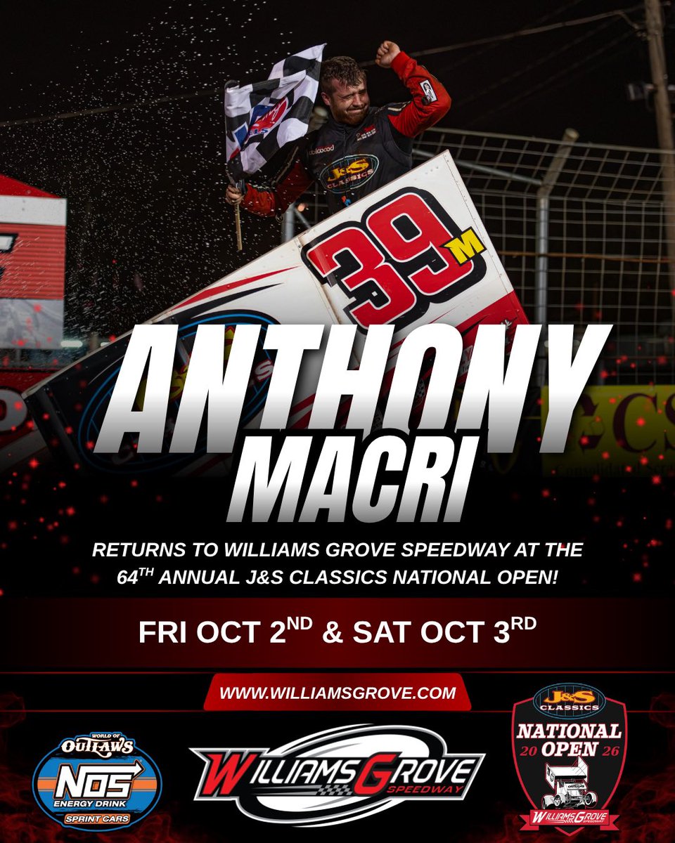 WilliamsGrove's tweet photo. 𝐖𝐄𝐋𝐂𝐎𝐌𝐄 𝐁𝐀𝐂𝐊, 𝐌𝐀𝐂𝐑𝐈! 

After being sidelined with an injury, @AnthonyMacri7 RETURNS to Williams Grove Speedway for this weekends J&S Classics National Open! 

Macri already has two wins at The Grove this season, sweeping both of his Pennsylvania Speedweek starts earlier this year. He’s back and looking to take down the @WorldofOutlaws to claim his first career National Open! 🏆