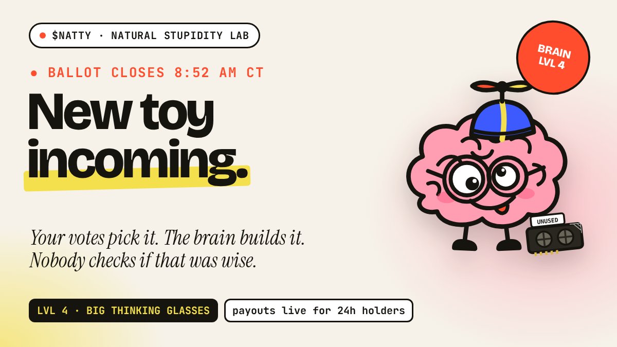 NattyStupidity's tweet photo. The Lab ballot closes at 8:52 AM CT. Then the brain builds whatever won and ships it as a new toy.

Currently winning: a compass that always points to the fridge.

Still time to overrule it. Payouts are live: eligible 24h holders who vote for the winner split the voter pot. https://t.co/dWuqDyPnr7