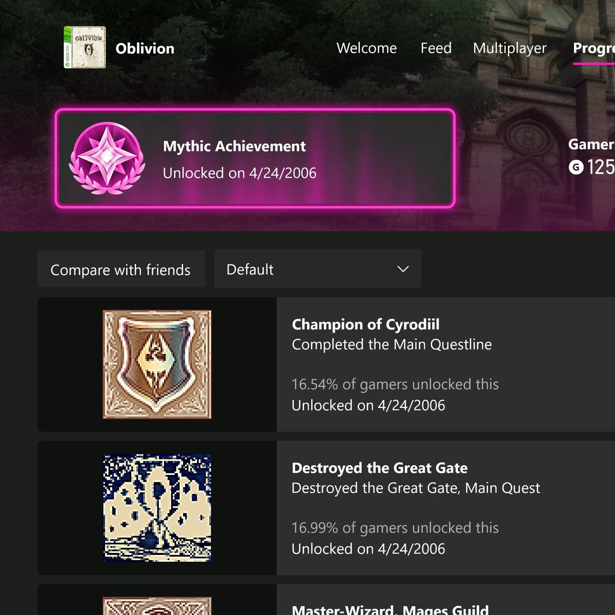 Stallion83's tweet photo. Xbox is recognizing completions from Xbox 360 games I finished over 20 years ago. 

Here's my Oblivion completion from 2006 showing up as Mythic in 2026. 🤯 https://t.co/ZWzzFfiB9l