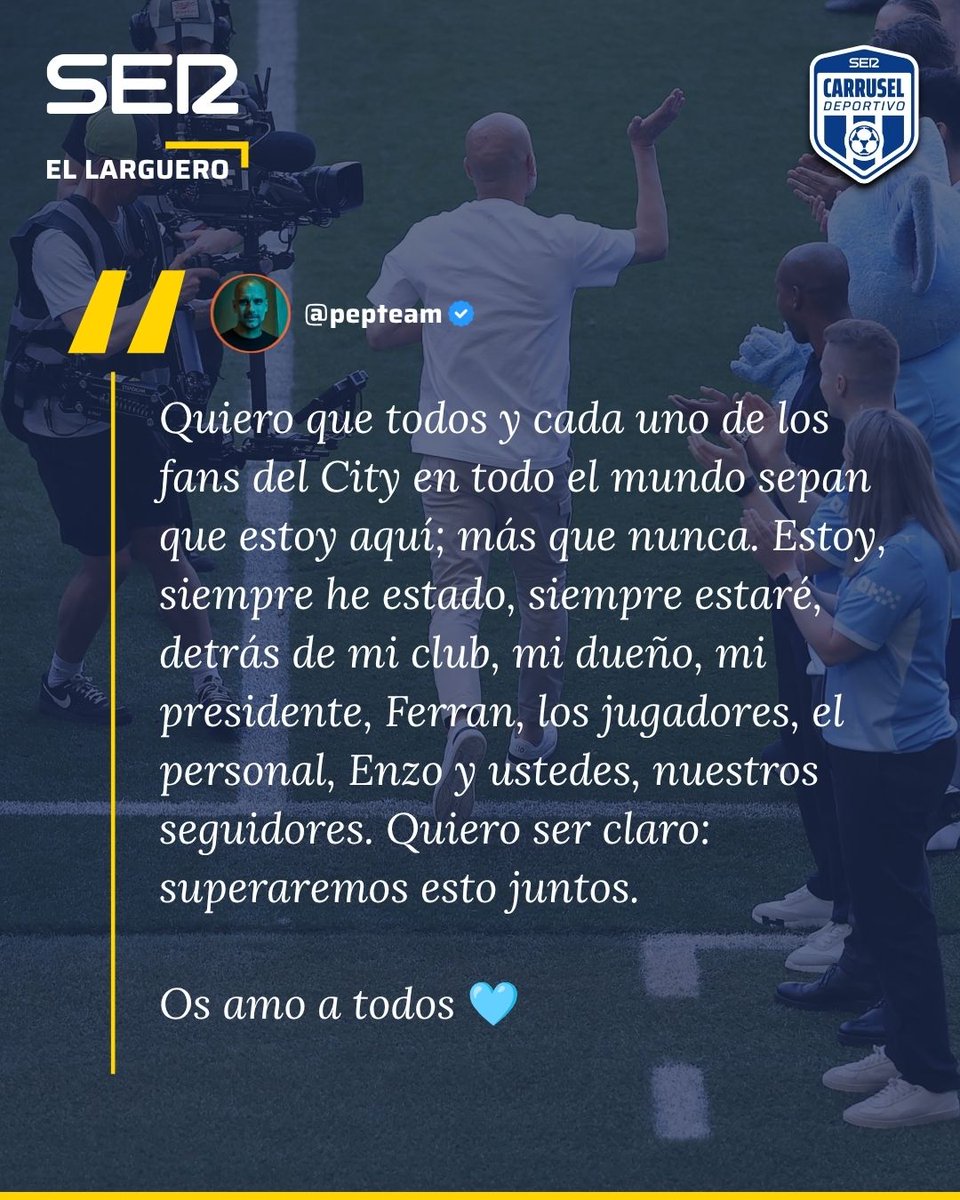 ellarguero's tweet photo. 🚨 @PepTeam rompe su silencio en redes sociales tras el veredicto de la Premier League en el que declara culpable al City de irregularidades financieras: 

💙 "Quiero ser claro: superaremos esto juntos"

https://t.co/G4QQcPNYFZ https://t.co/GLGqWQFzUP